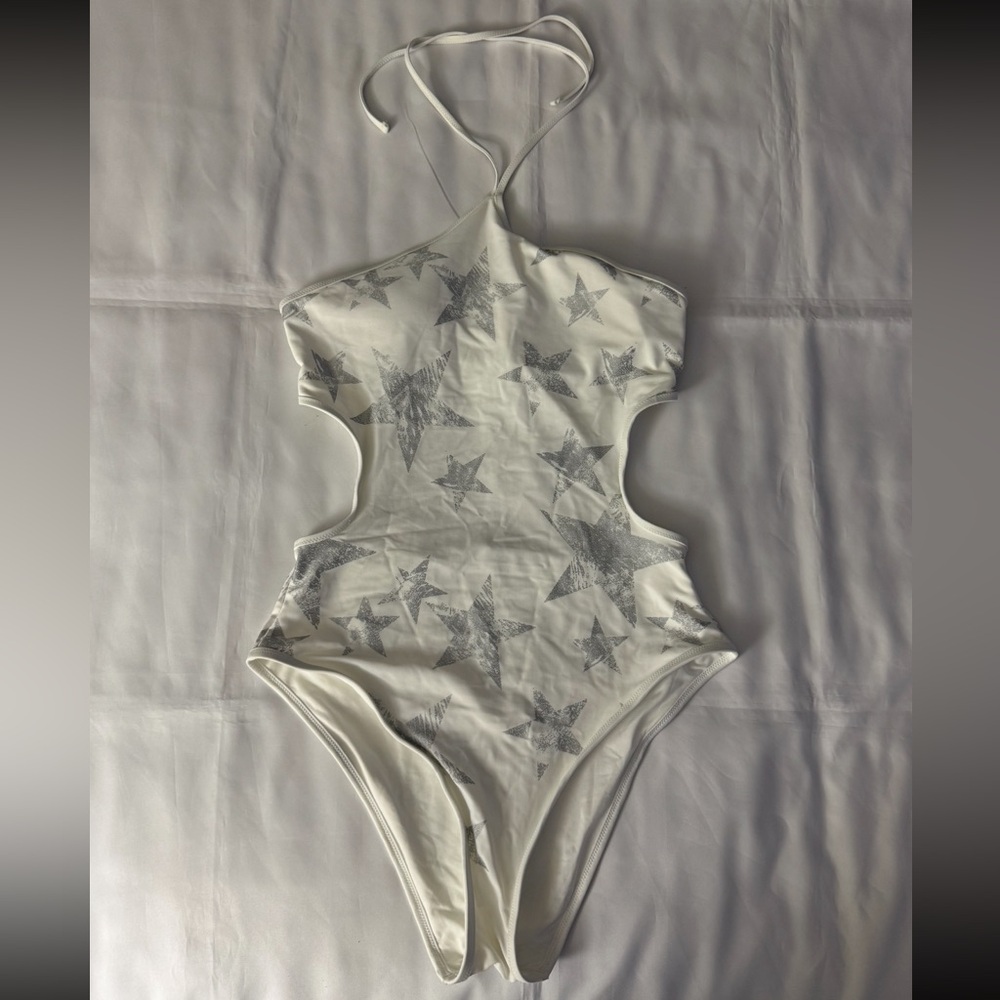Aerie White & Silver Star Patterned Low Back Cut-Out One Piece Bathing Suit